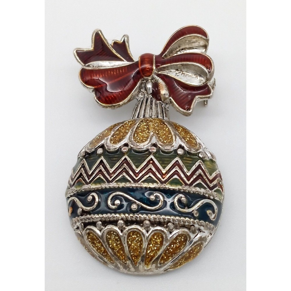 Vintage Christmas Ball Ornament Brooch Pin Ribbon Signed NR Enamel Silver Tone